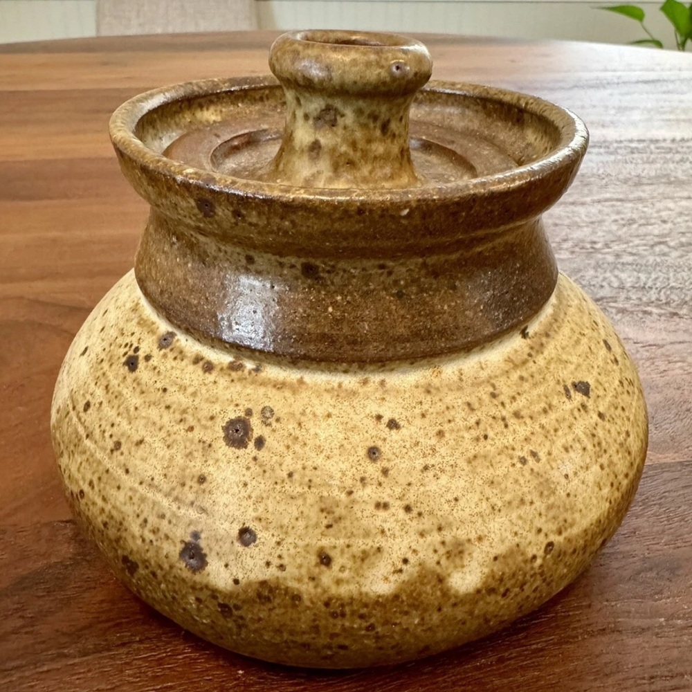 Studio Pottery Drip Glaze Honey Pot Jam Jelly Jar Condiment Jar w/ Lid Signed